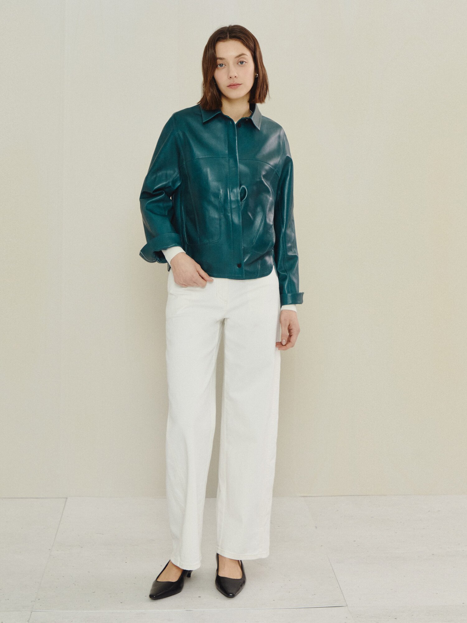 포스트 버튼 레더 재킷 (DARK GREEN)