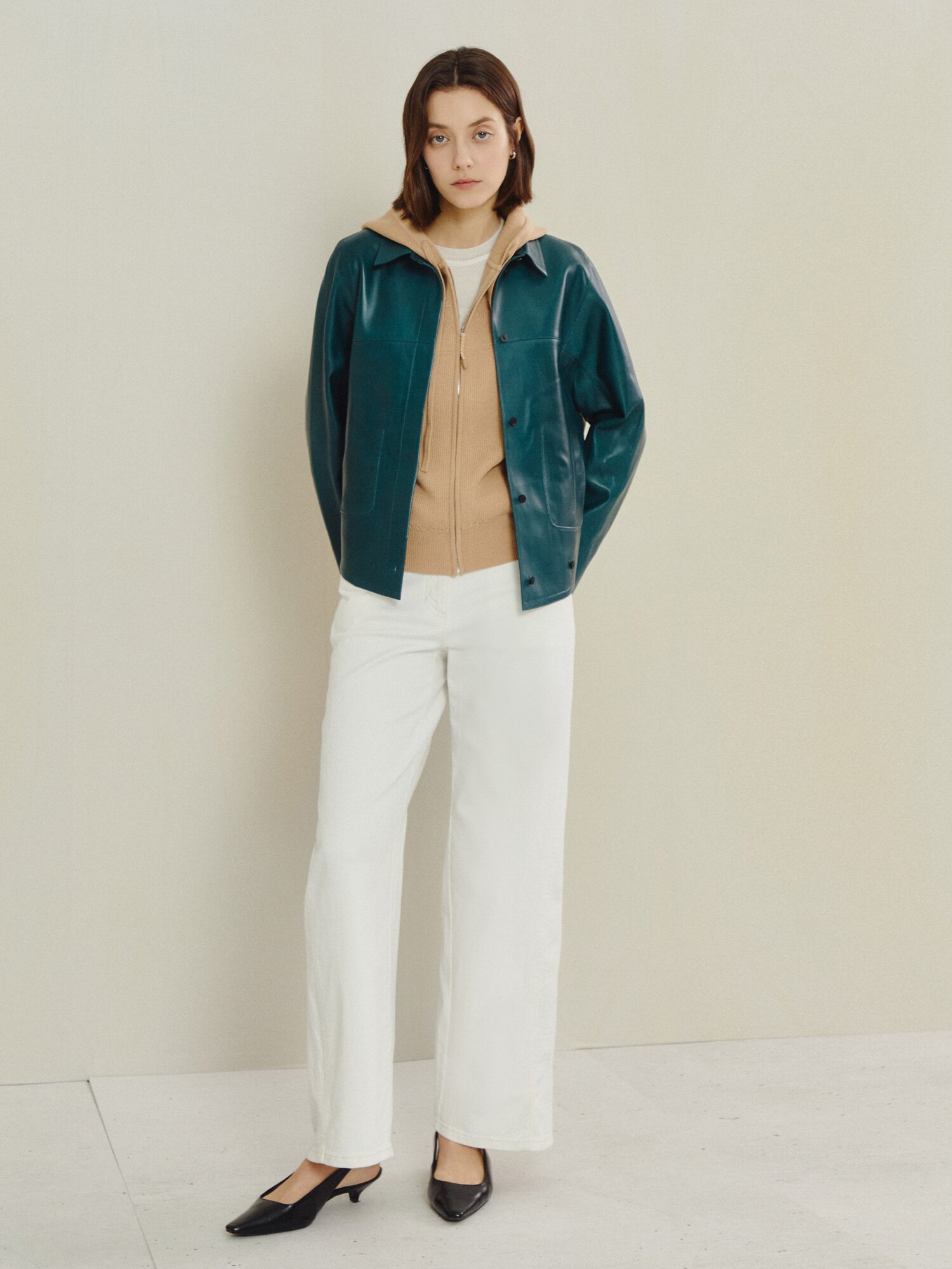 포스트 버튼 레더 재킷 (DARK GREEN)