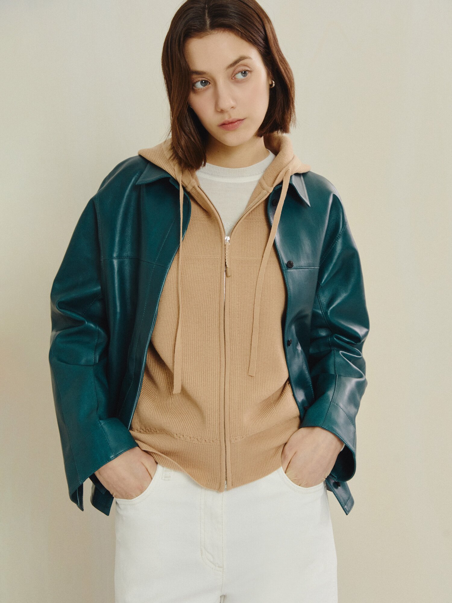 포스트 버튼 레더 재킷 (DARK GREEN)