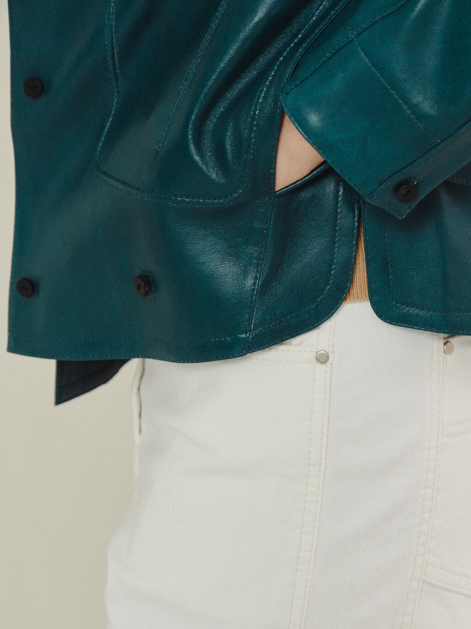 포스트 버튼 레더 재킷 (DARK GREEN)