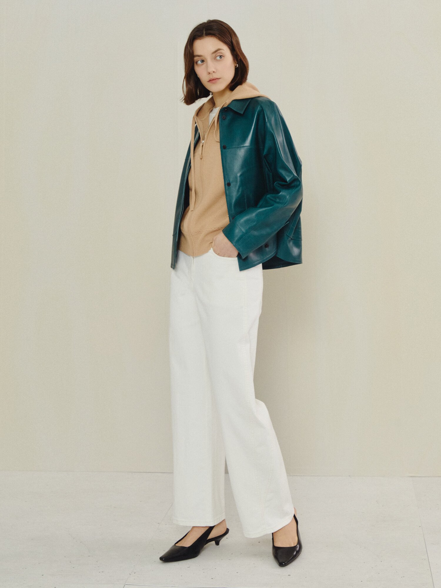 포스트 버튼 레더 재킷 (DARK GREEN)