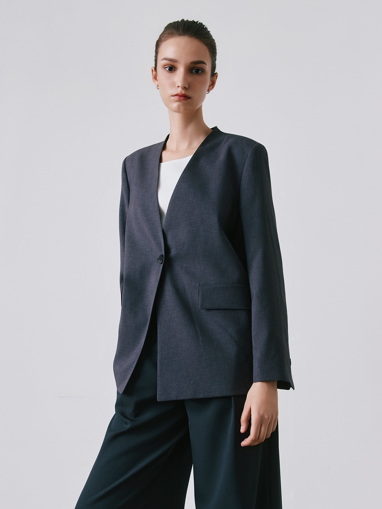 루즈핏 원버튼 브이넥 재킷 (GREY)