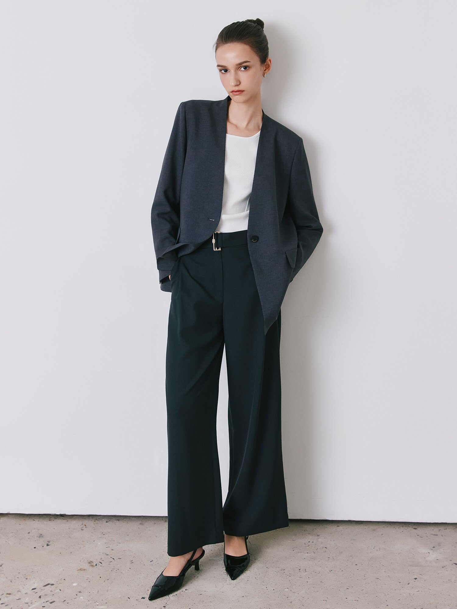 루즈핏 원버튼 브이넥 재킷 (GREY)