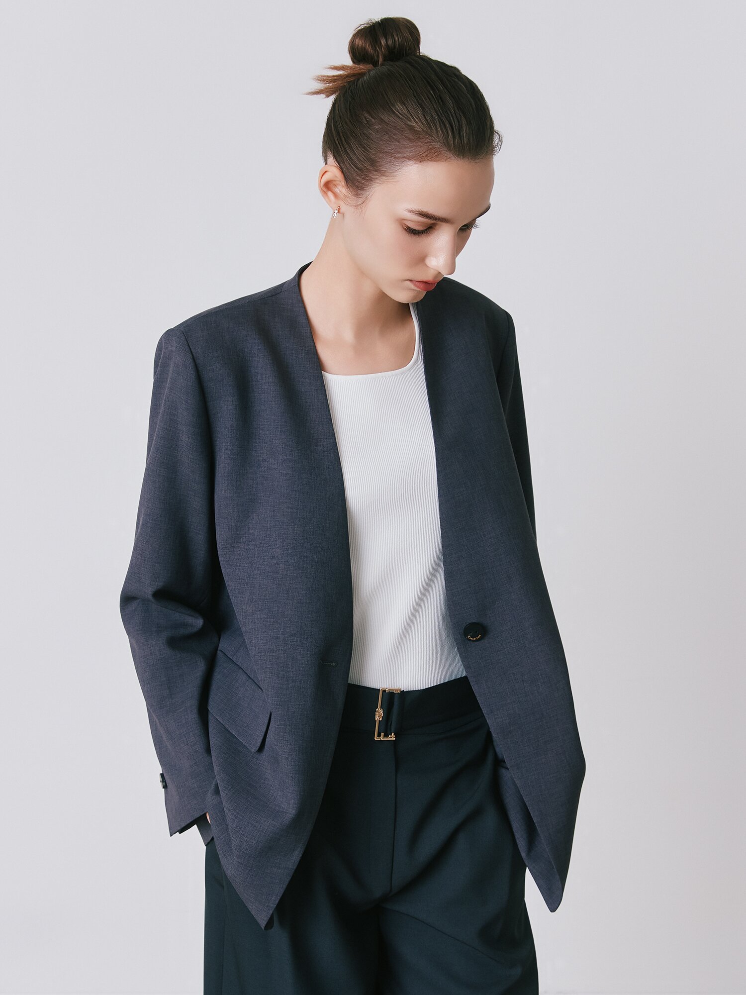 루즈핏 원버튼 브이넥 재킷 (GREY)