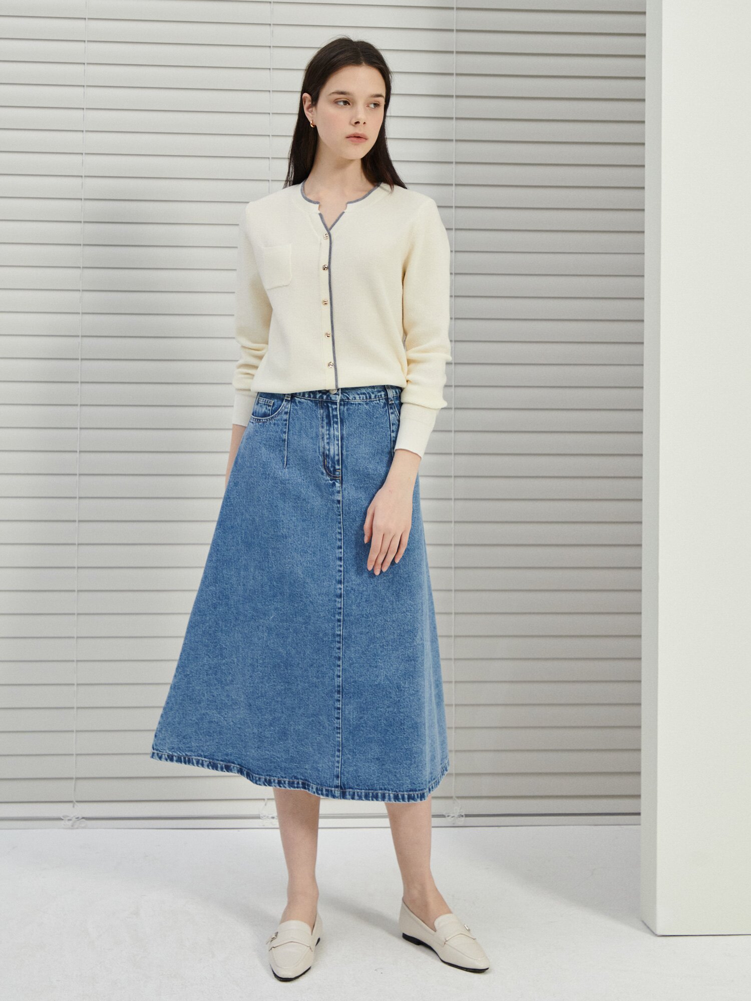 A라인 미디 데님 스커트 (BLUE)