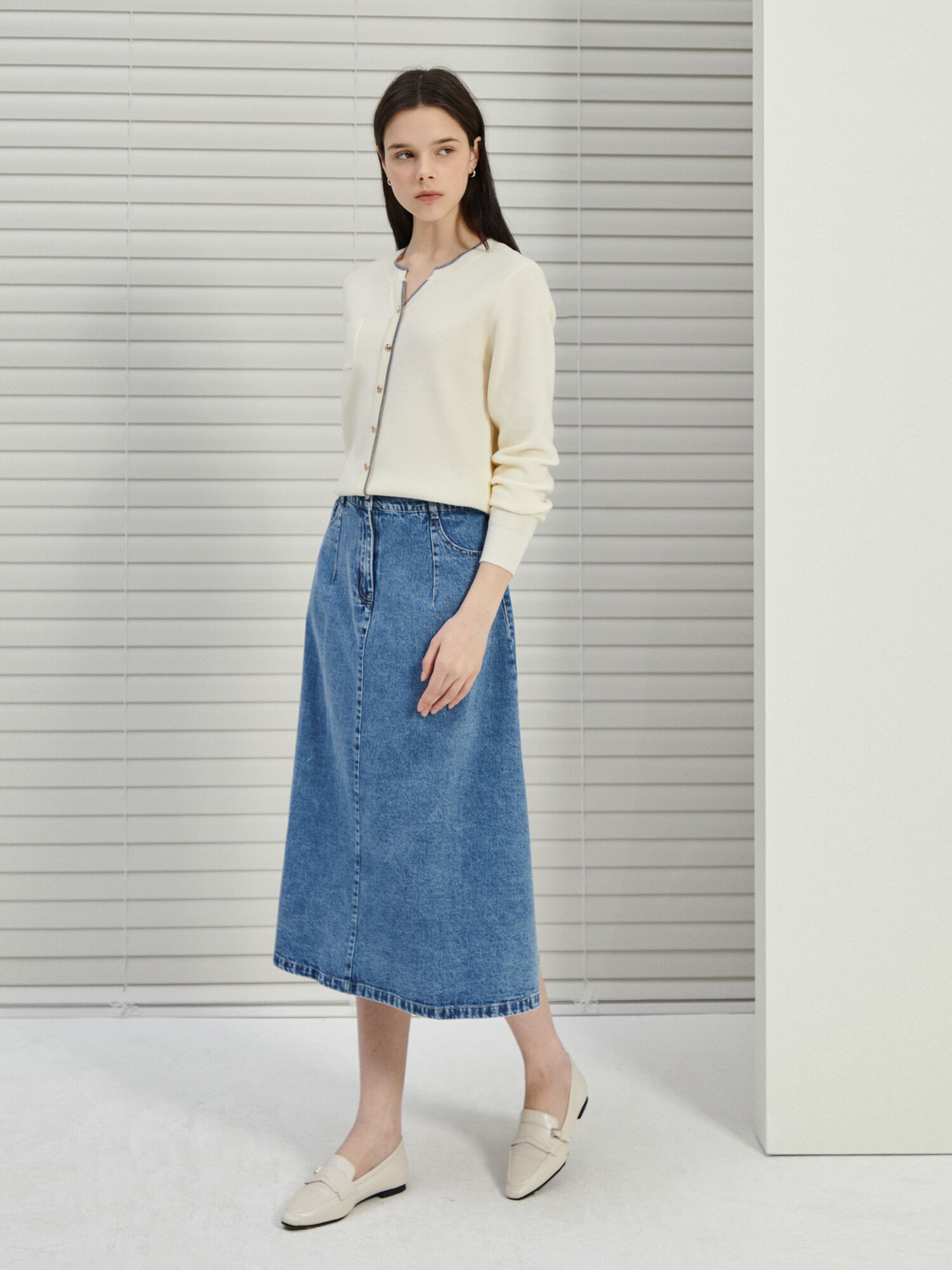 A라인 미디 데님 스커트 (BLUE)