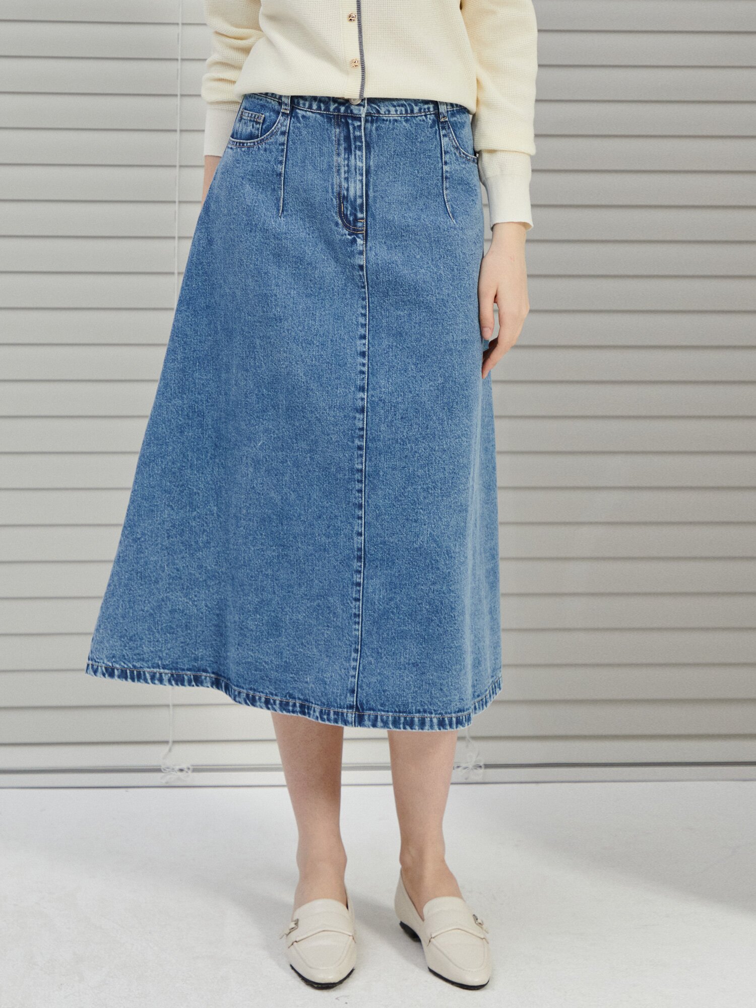 A라인 미디 데님 스커트 (BLUE)