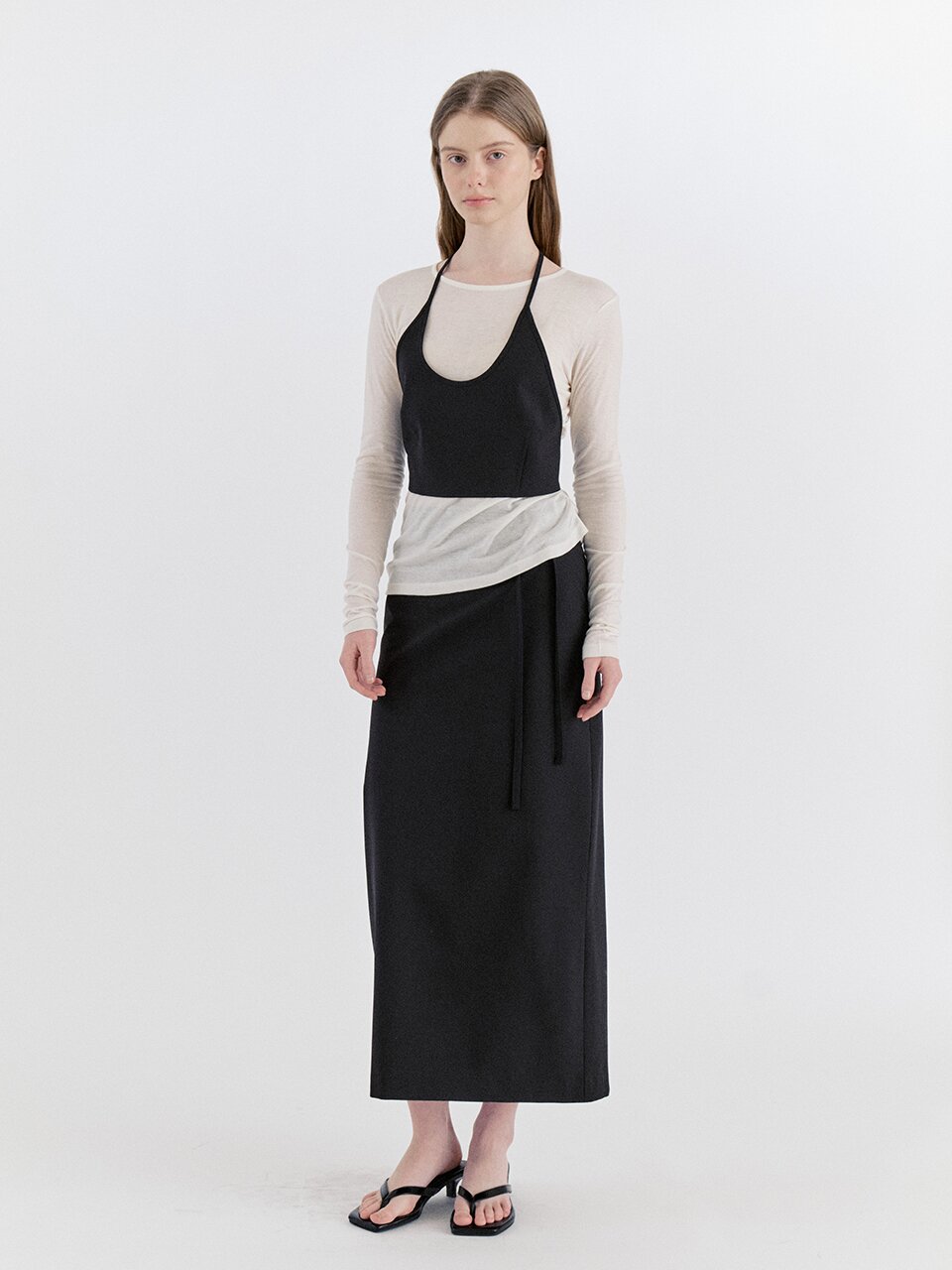 Classic Strap Slit Long Skirt - Black