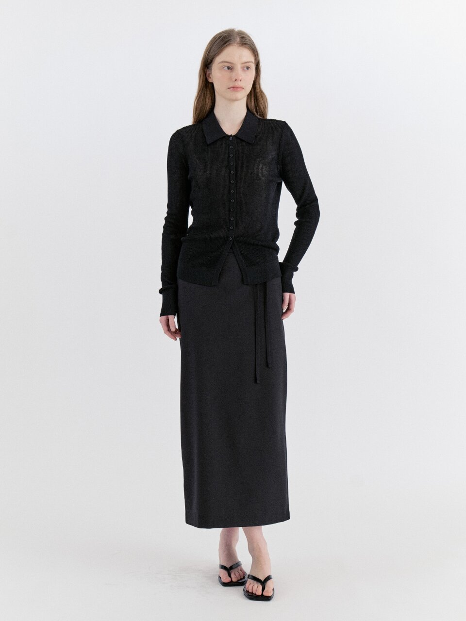 Classic Strap Slit Long Skirt - Black