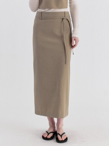 Classic Strap Slit Long Skirt - Beige