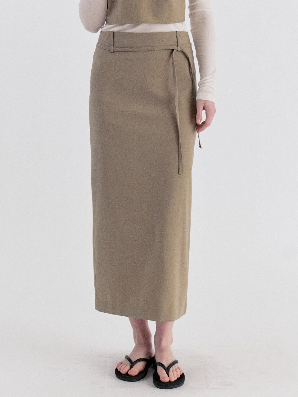 Classic Strap Slit Long Skirt - Beige
