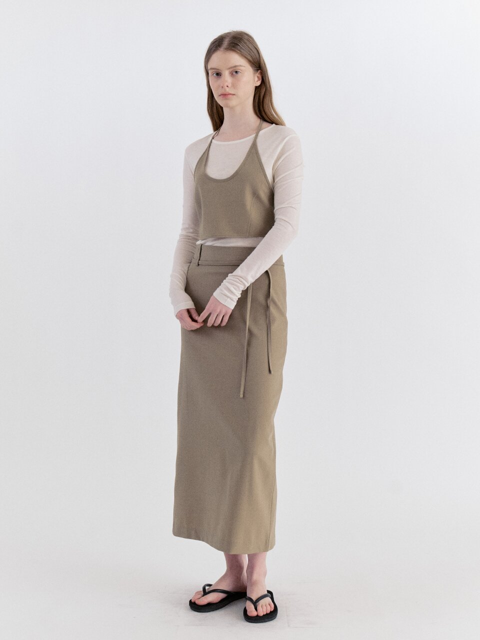 Classic Strap Slit Long Skirt - Beige