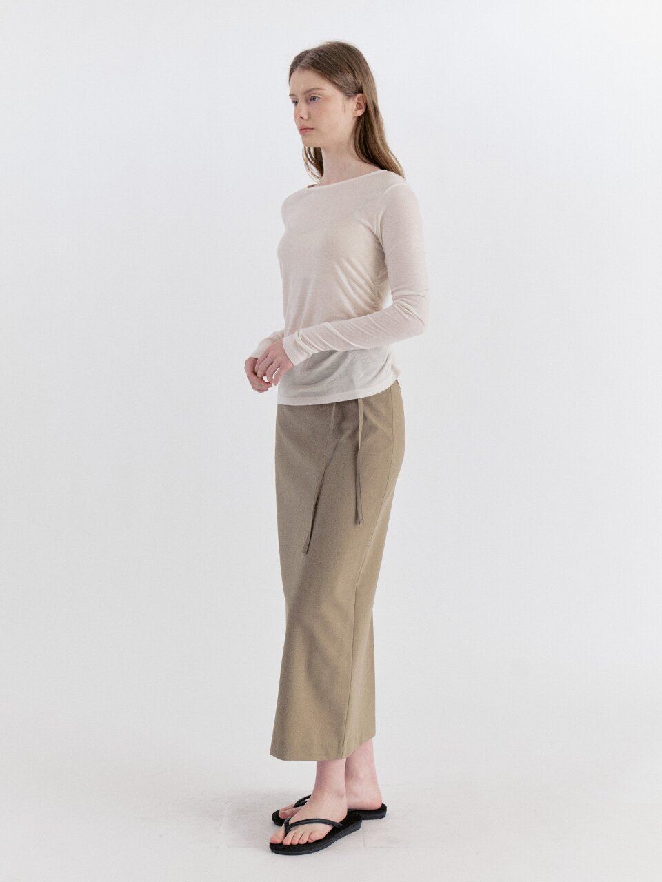 Classic Strap Slit Long Skirt - Beige