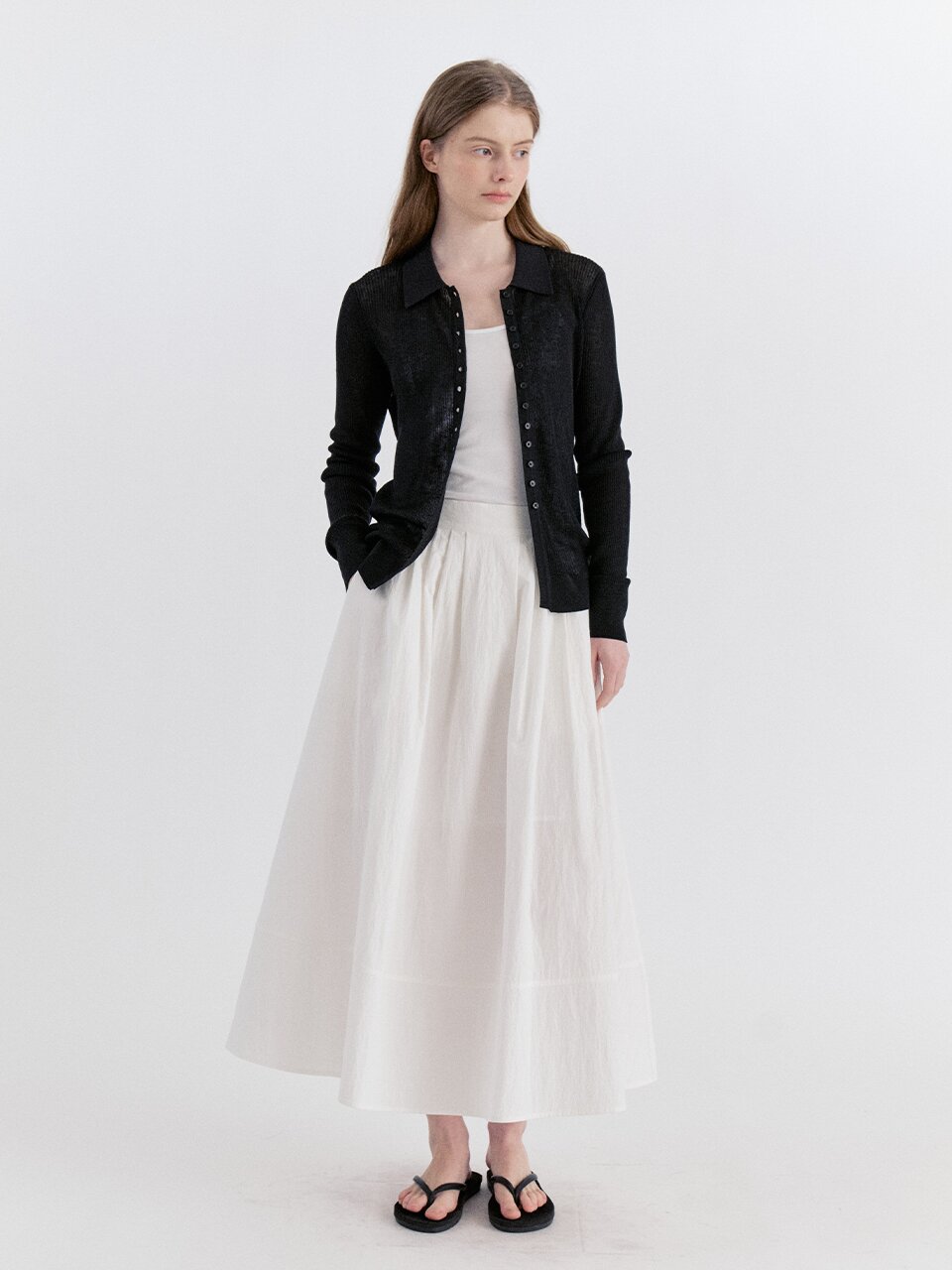Pleats Flow Banding Long Skirt - Ivory