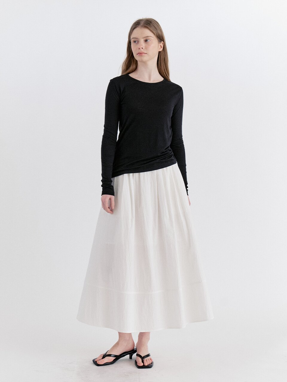 Pleats Flow Banding Long Skirt - Ivory