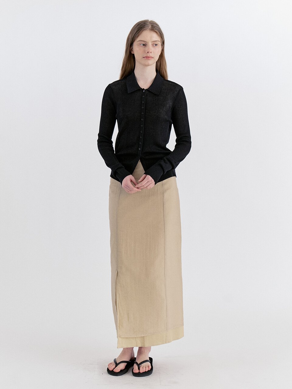 Basic Sheer Tencel Layered Slit Long Skirt - Beige
