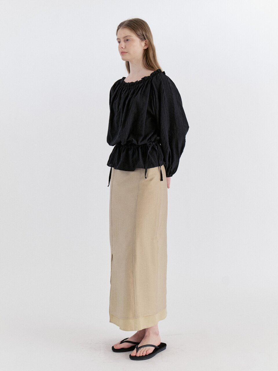 Basic Sheer Tencel Layered Slit Long Skirt - Beige