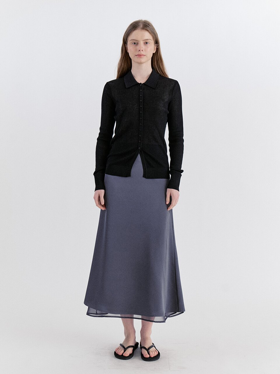 Classic Layered Satin Chiffon Long Skirt - Gray
