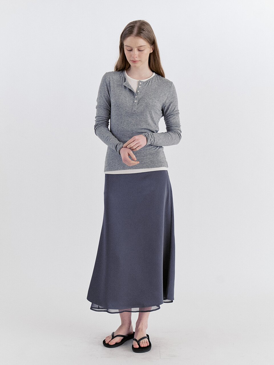 Classic Layered Satin Chiffon Long Skirt - Gray