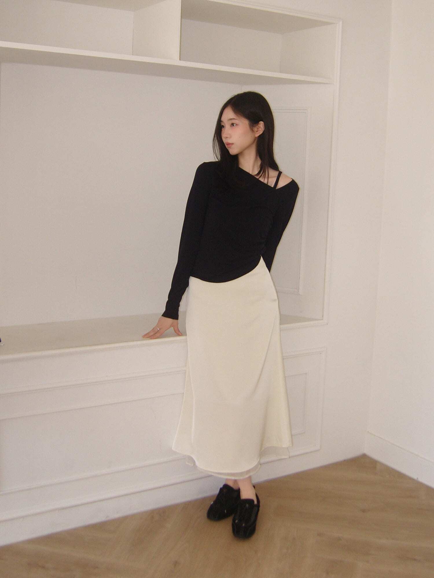 Classic Layered Satin Chiffon Long Skirt - Cream
