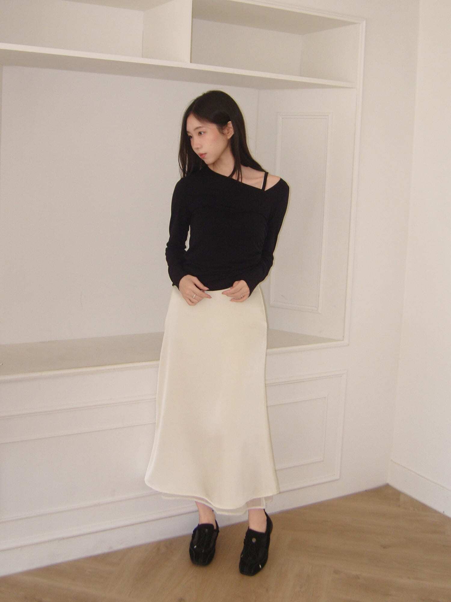 Classic Layered Satin Chiffon Long Skirt - Cream
