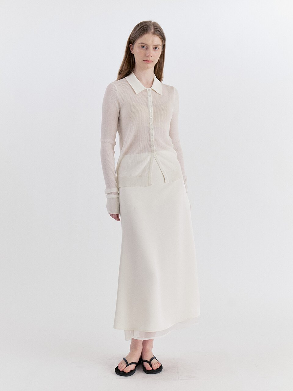 Classic Layered Satin Chiffon Long Skirt - Cream