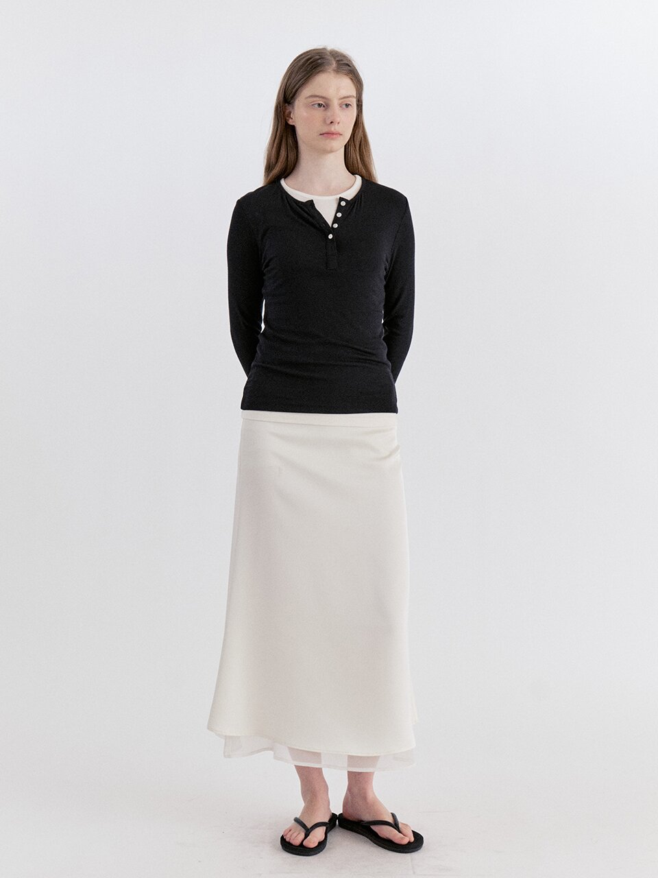 Classic Layered Satin Chiffon Long Skirt - Cream