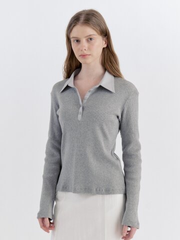 Ribbed Panel Classic Collar T-Shirt - Gray