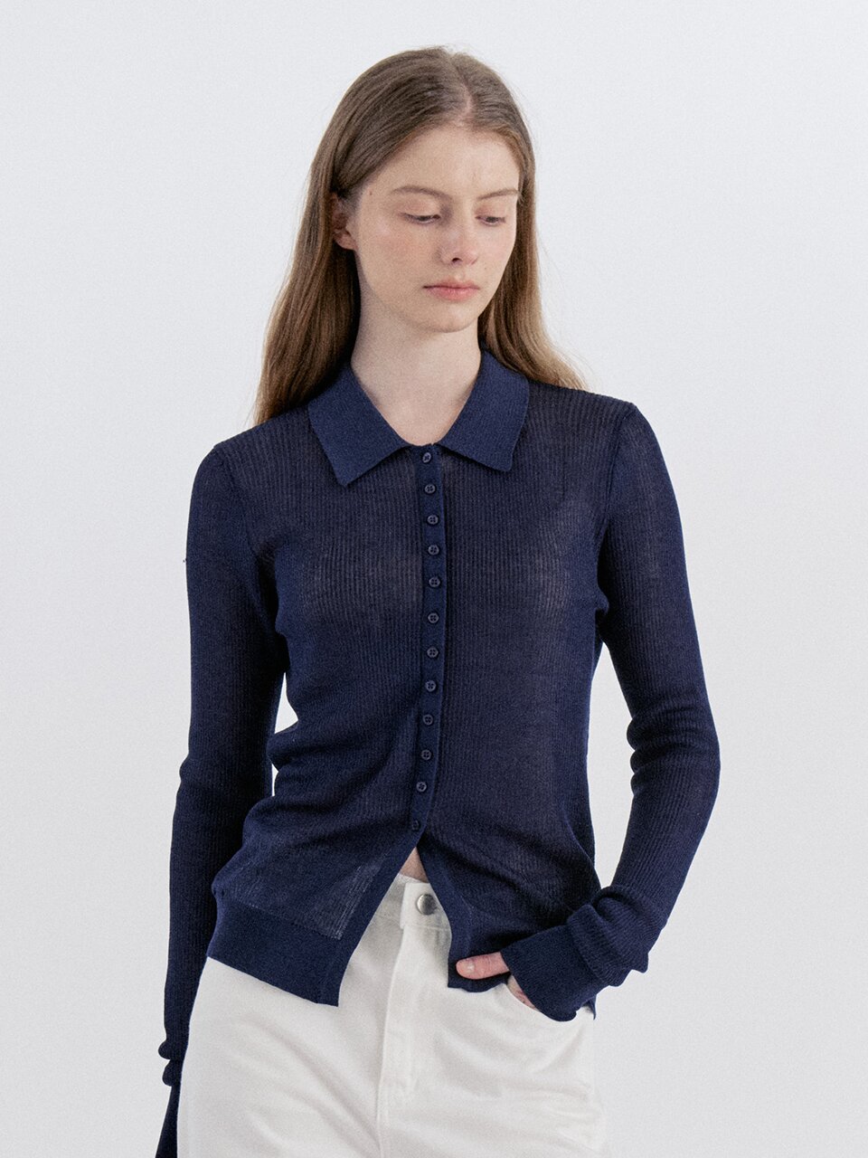 Soft Lyocell Collar Knit Cardigan - Navy