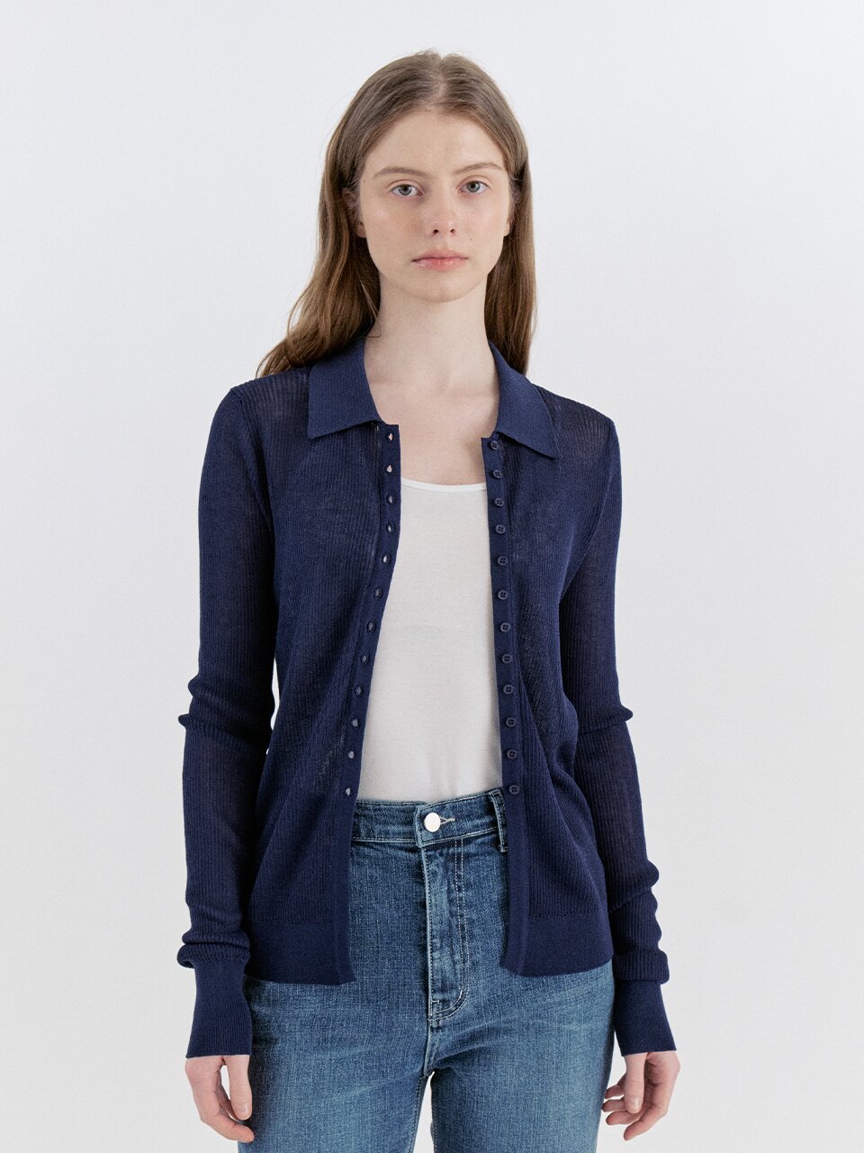 Soft Lyocell Collar Knit Cardigan - Navy