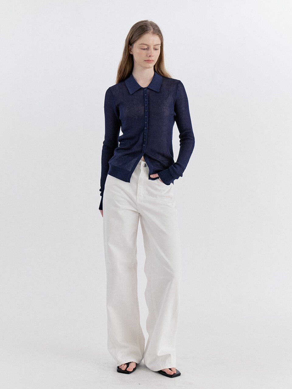 Soft Lyocell Collar Knit Cardigan - Navy