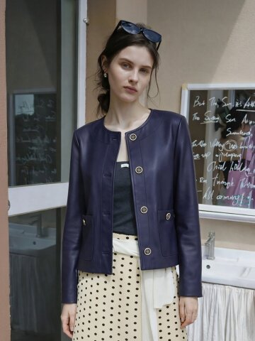 라운드 넥 버튼 업 램스킨 자켓_SOJK260102