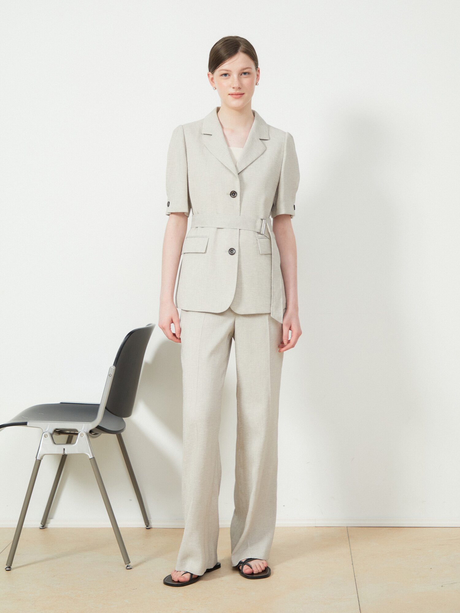 벨티드 하프 슬리브 싱글 재킷 (MELANGE BEIGE)