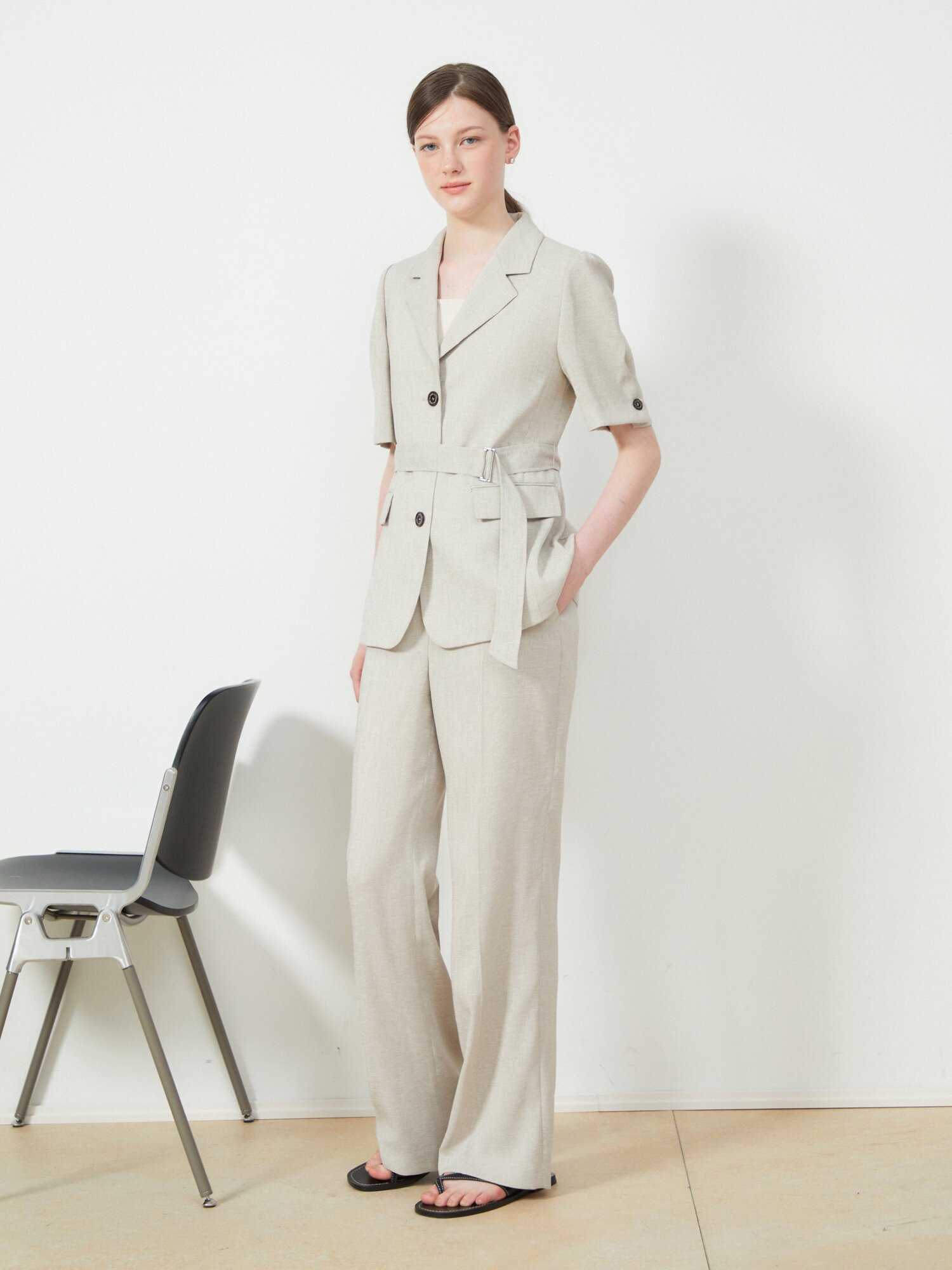 벨티드 하프 슬리브 싱글 재킷 (MELANGE BEIGE)