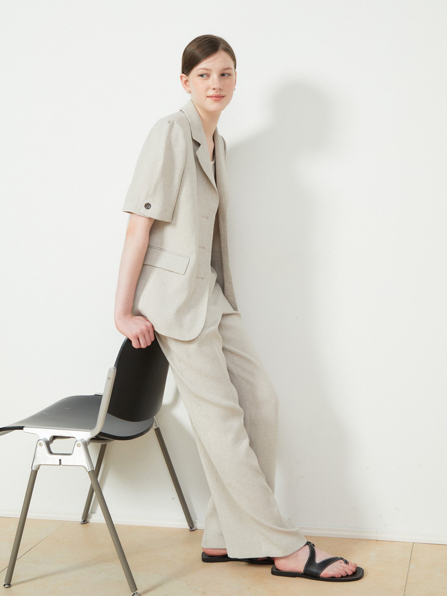 벨티드 하프 슬리브 싱글 재킷 (MELANGE BEIGE)