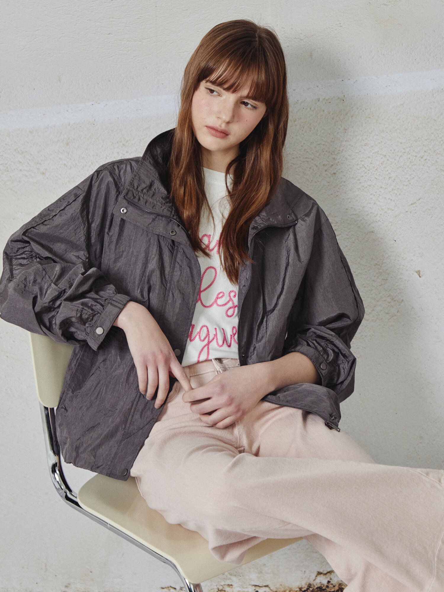 나일론 하이넥 크롭 점퍼 (GREY)