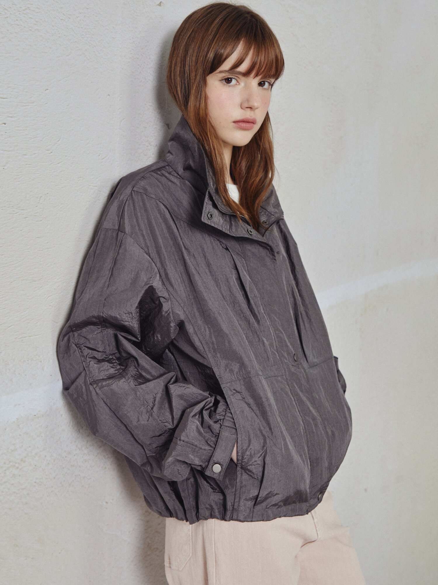 나일론 하이넥 크롭 점퍼 (GREY)