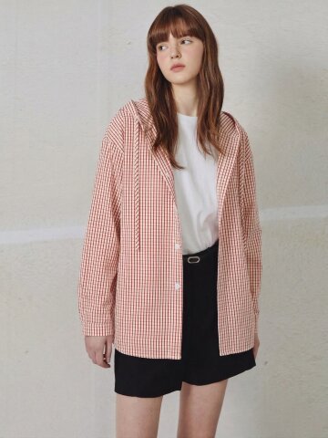 후드넥 체크 블라우스 