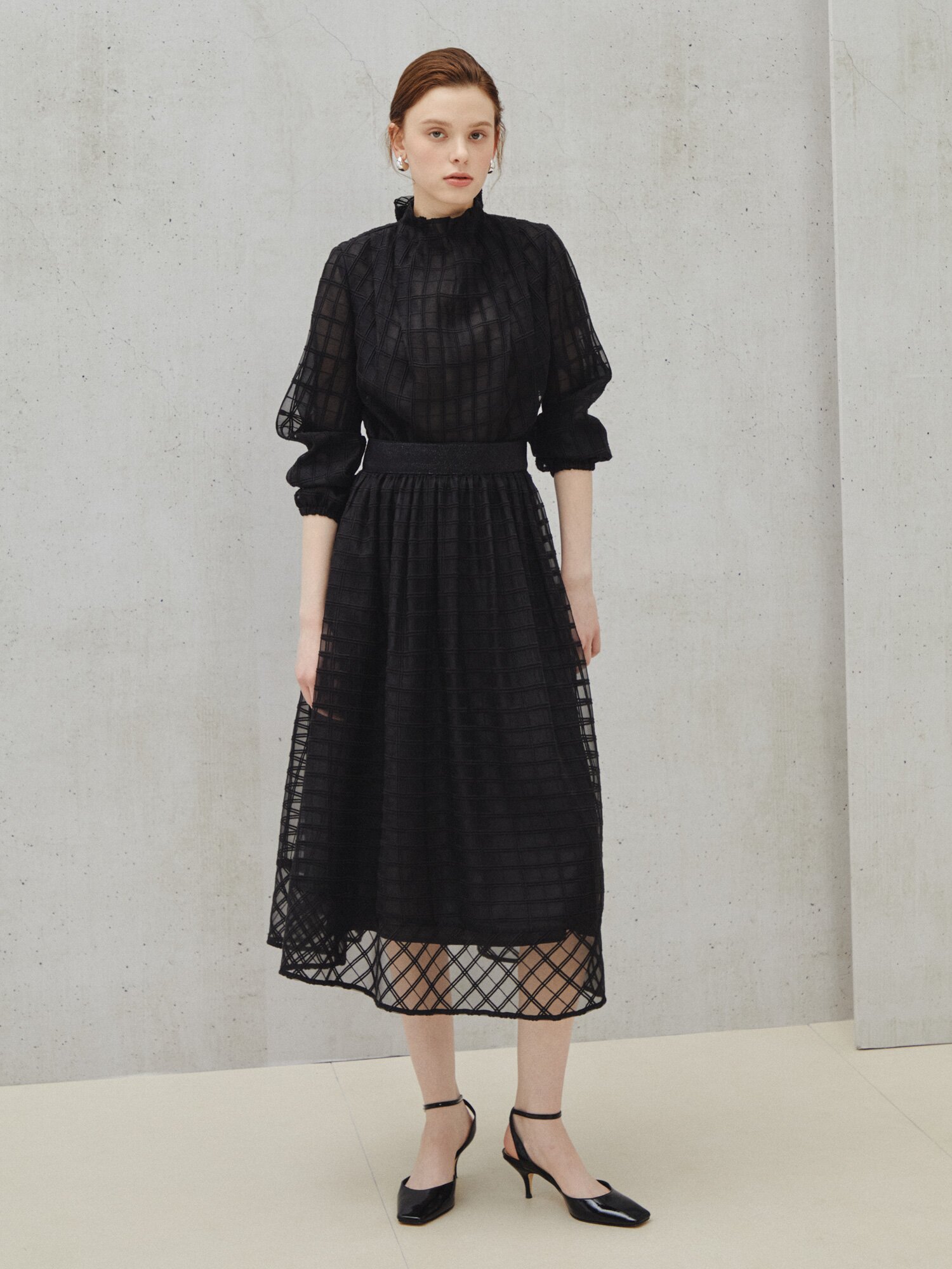 백 리본 시어 체크 블라우스 (CHECK BLACK)