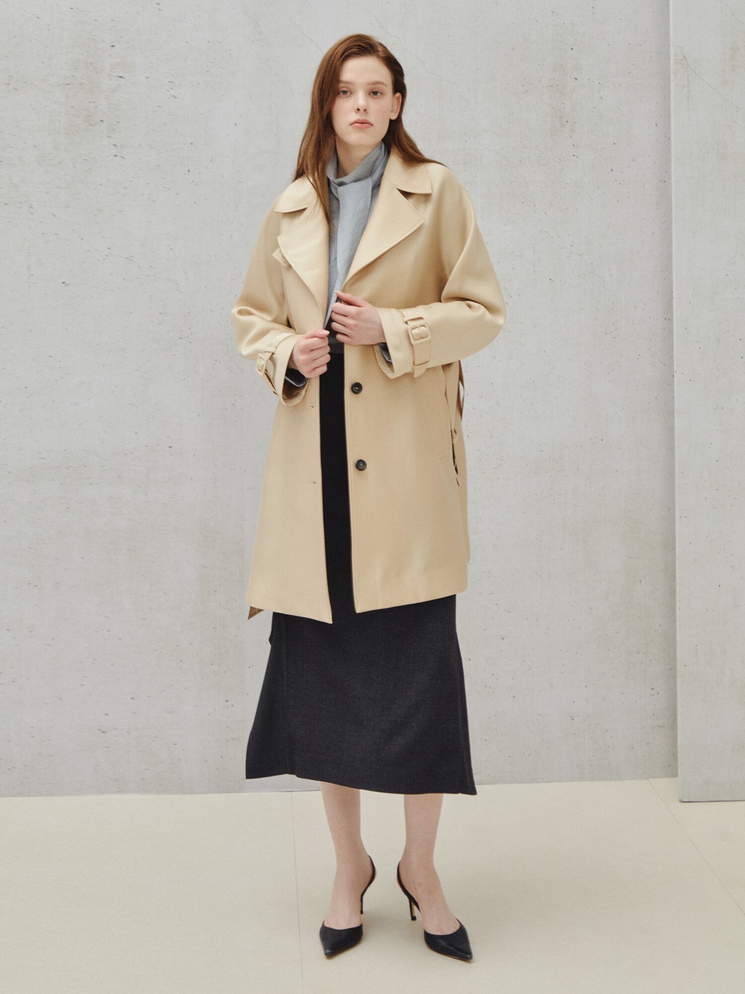 클래식 벨티드 트렌치 하프 코트 (LIGHT BEIGE)