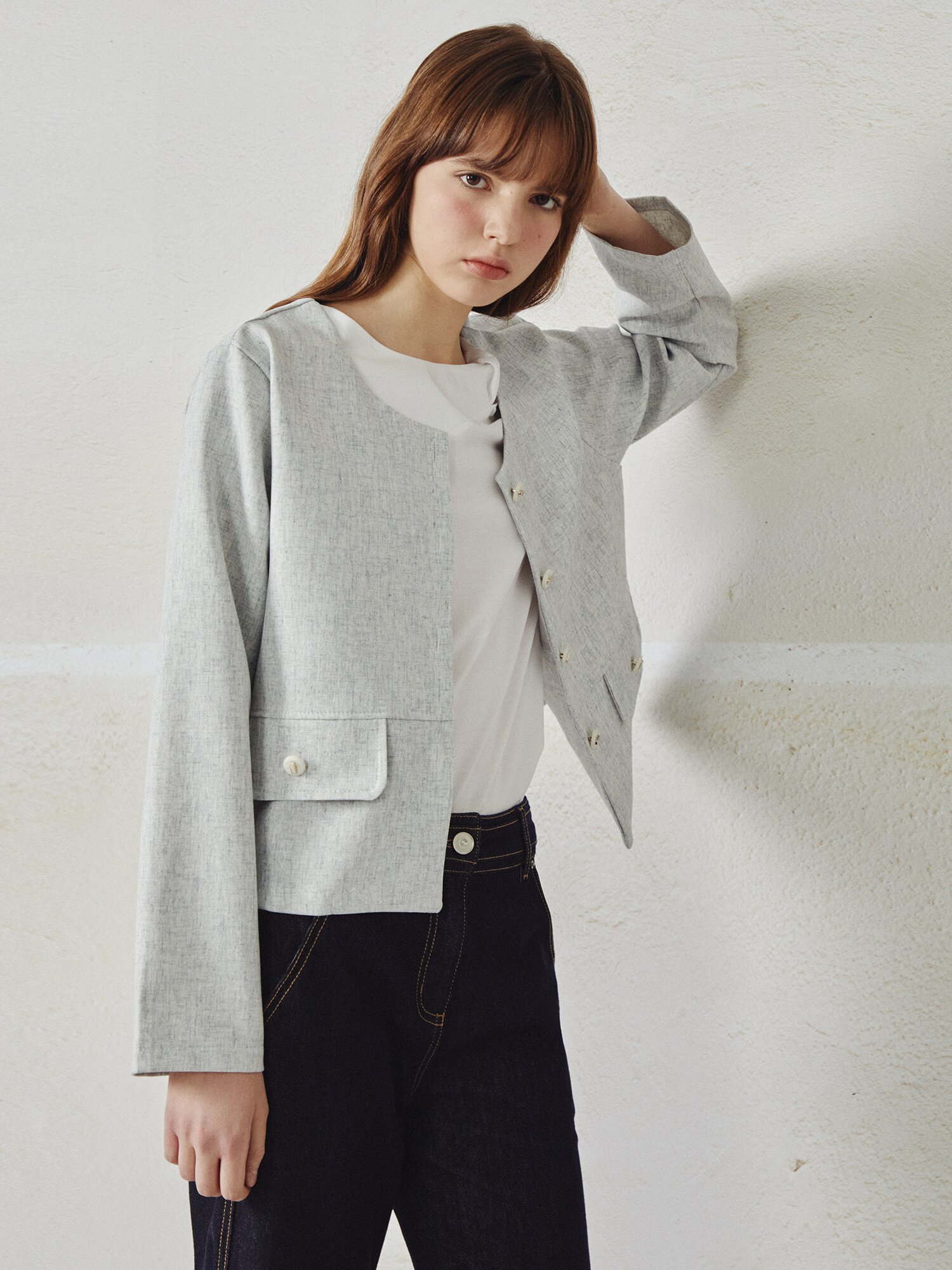 린넨 스판 라운드넥 재킷 (LIGHT GREY)