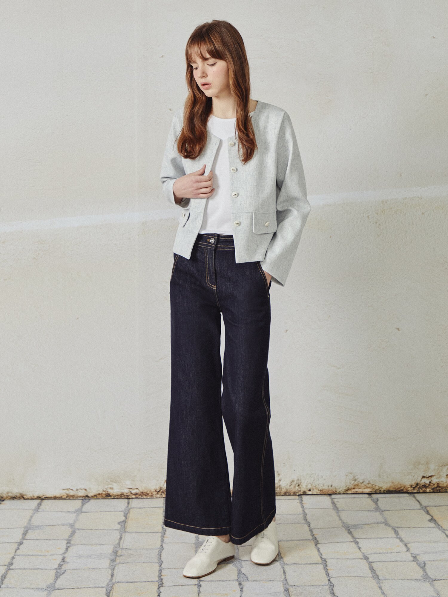 린넨 스판 라운드넥 재킷 (LIGHT GREY)