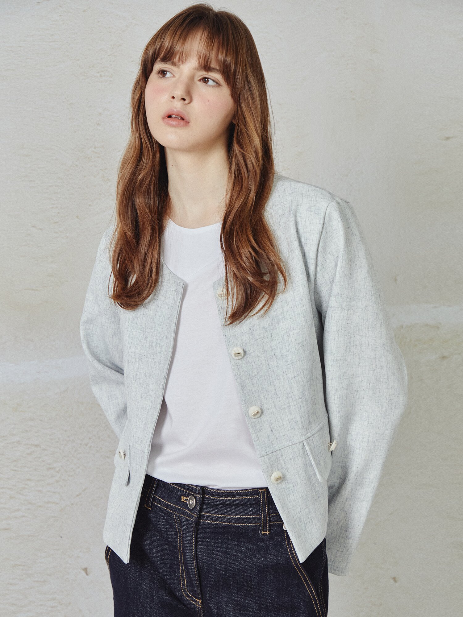 린넨 스판 라운드넥 재킷 (LIGHT GREY)
