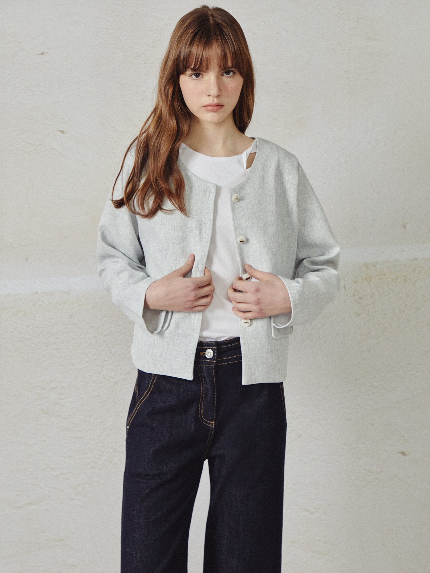 린넨 스판 라운드넥 재킷 (LIGHT GREY)