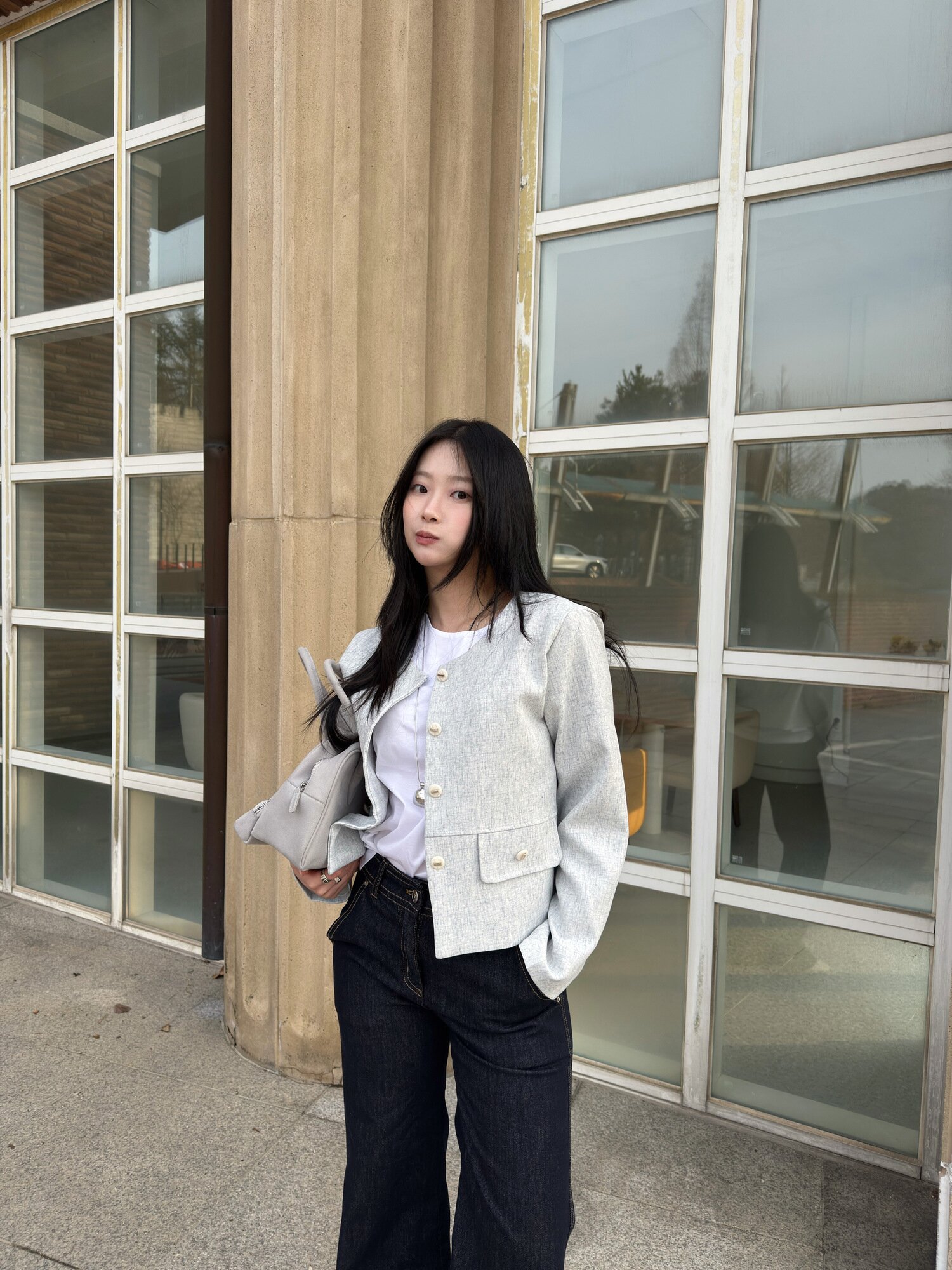 린넨 스판 라운드넥 재킷 (LIGHT GREY)