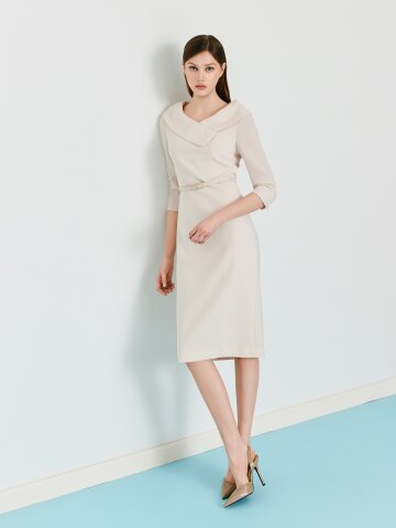 벨티드 숄 칼라 H라인 원피스 