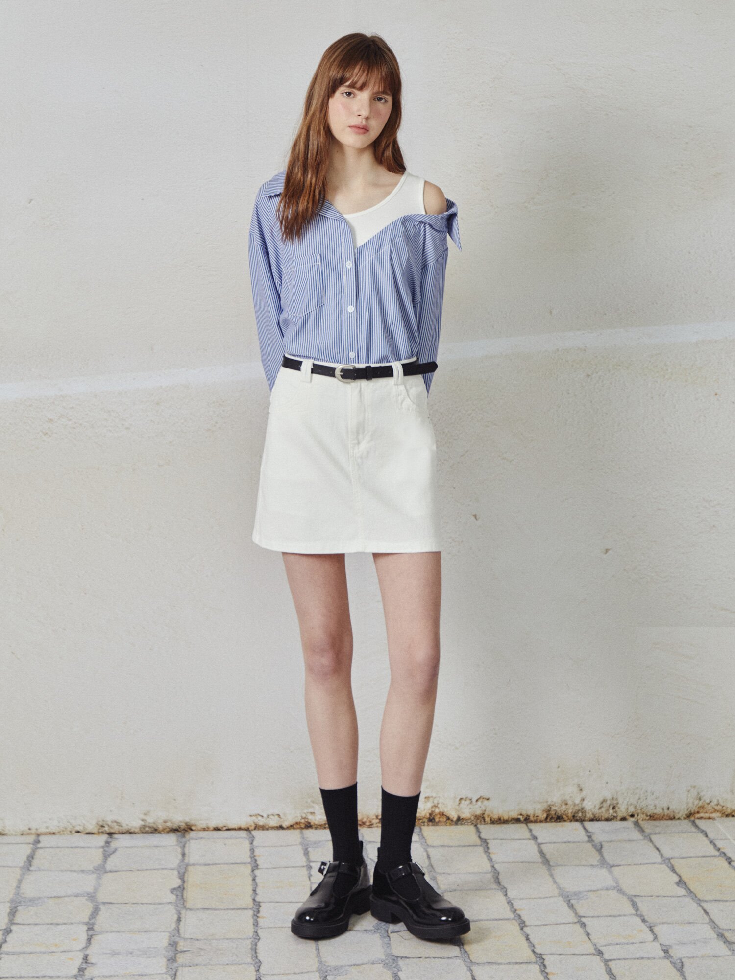 언밸런스 숄더 셔츠 블라우스 (STRIPE BLUE)