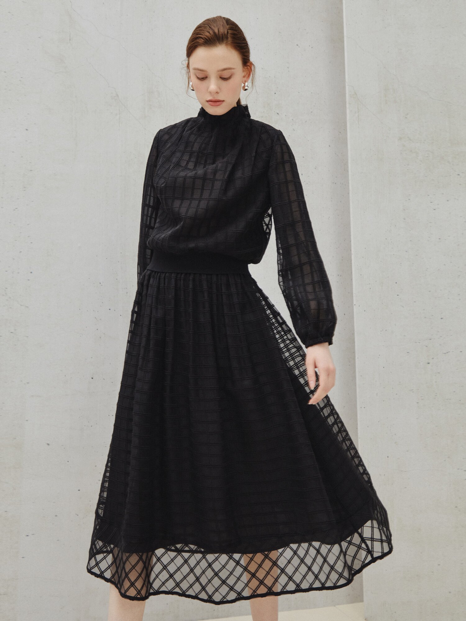 레이어드 시어 텍스처 체크 스커트 (CHECK BLACK)