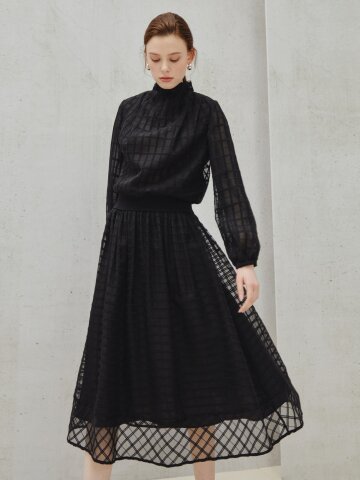 레이어드 시어 텍스처 체크 스커트 