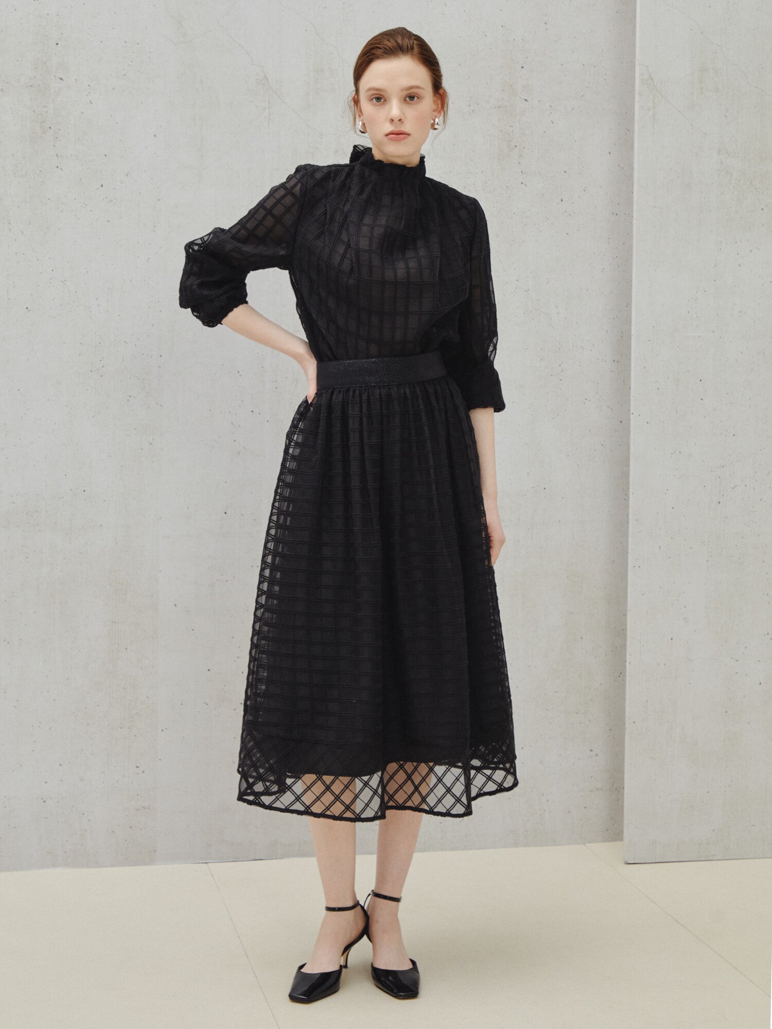 레이어드 시어 텍스처 체크 스커트 (CHECK BLACK)